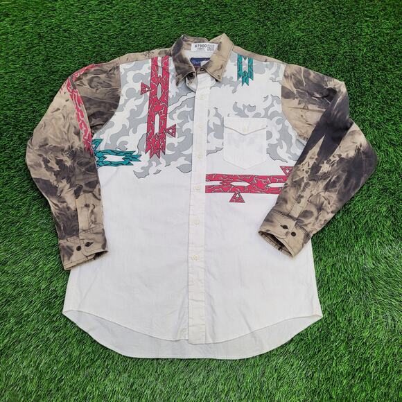 Vintage 90s Wrangler Southwestern Aztec Print Western Shirt Mens Large USA - Picture 1 of 11